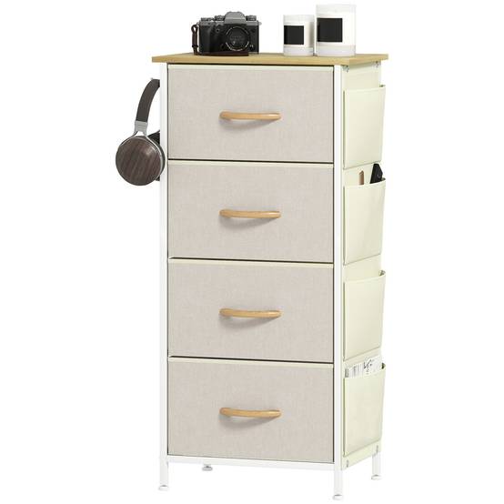 Commode 4 tiroirs tissu avec poches latérales, crochets et structure acier, meuble rangement beige chambre salon bureau moderne - Image 1