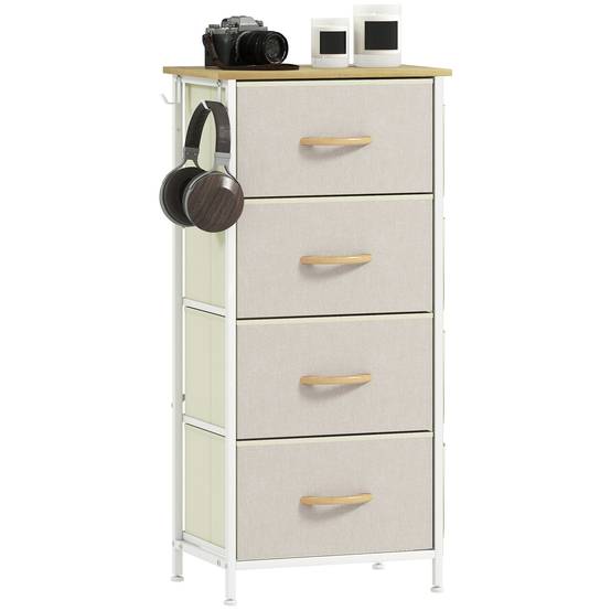 Commode 4 tiroirs tissu avec poches latérales, crochets et structure acier, meuble rangement beige chambre salon bureau moderne - Image 2