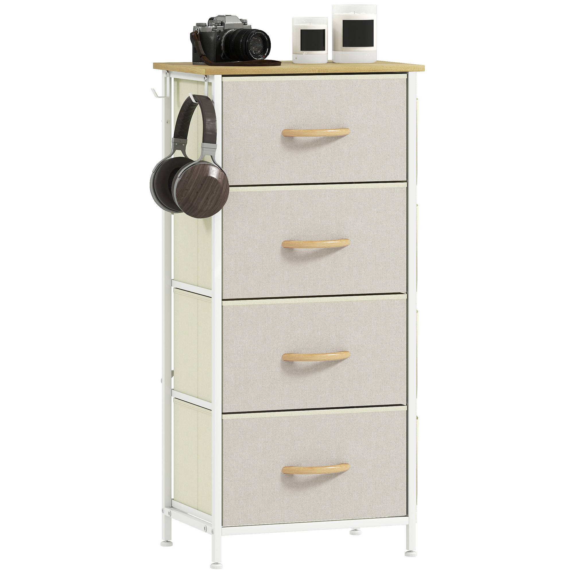 Commode 4 tiroirs tissu avec poches latérales, crochets et structure acier, meuble rangement beige chambre salon bureau moderne - Image 2