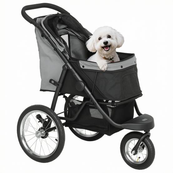 Poussette pour chien pliable avec panier de rangement, coussin lavable, roues en caoutchouc et auvent réglable, gris - Image 1