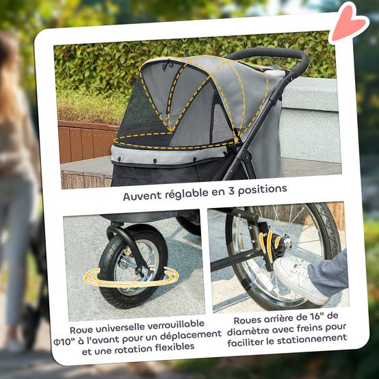 Poussette pour chien pliable avec panier de rangement, coussin lavable, roues en caoutchouc et auvent réglable, gris - Image 8