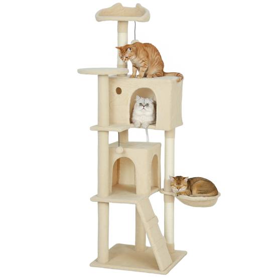 Arbre à chat 160 cm avec hamac, échelle, grotte, 2 balles en peluche, poteaux en sisal, 48 x 48 x 160 cm, beige - Image 1