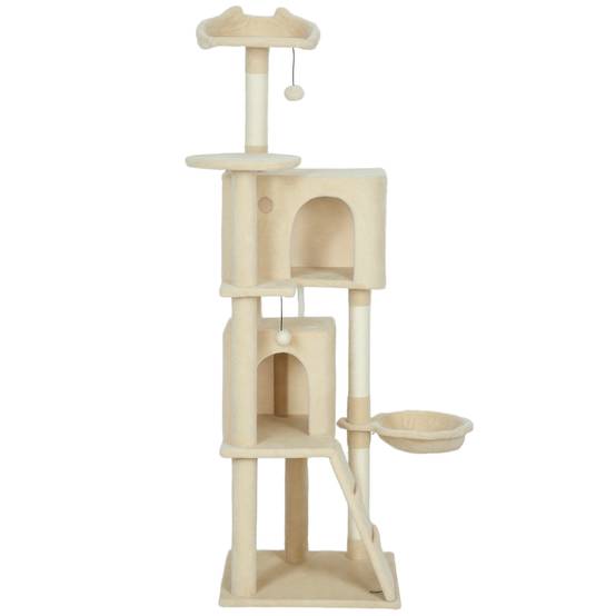 Arbre à chat 160 cm avec hamac, échelle, grotte, 2 balles en peluche, poteaux en sisal, 48 x 48 x 160 cm, beige - Image 2