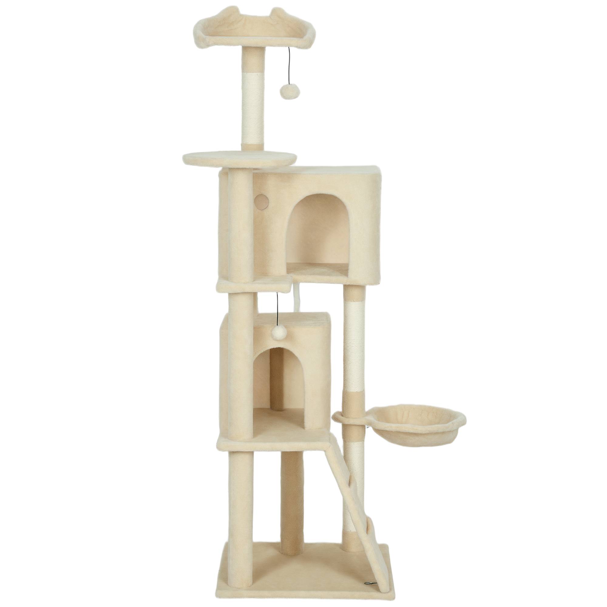 Arbre à chat 160 cm avec hamac, échelle, grotte, 2 balles en peluche, poteaux en sisal, 48 x 48 x 160 cm, beige - Image 2