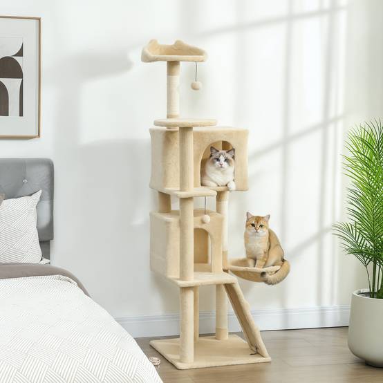 Arbre à chat 160 cm avec hamac, échelle, grotte, 2 balles en peluche, poteaux en sisal, 48 x 48 x 160 cm, beige - Image 4