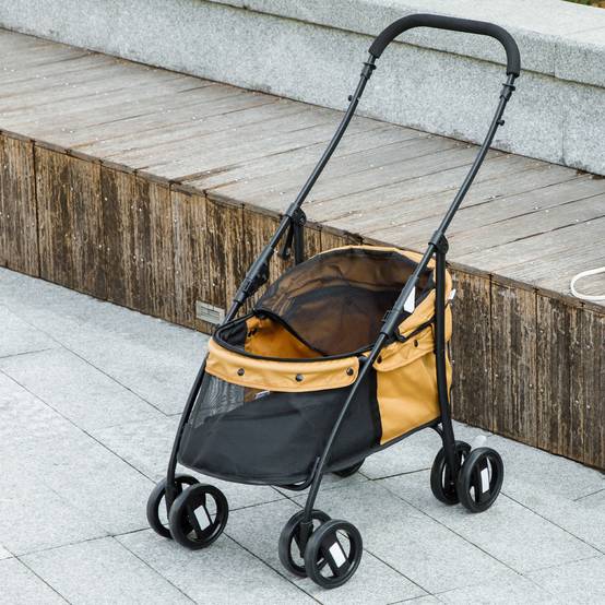 Poussette pliable pour petit chien avec fenêtres en filet, coussin lavable, sangles de sécurité et cadre en acier, couleur café - Image 10