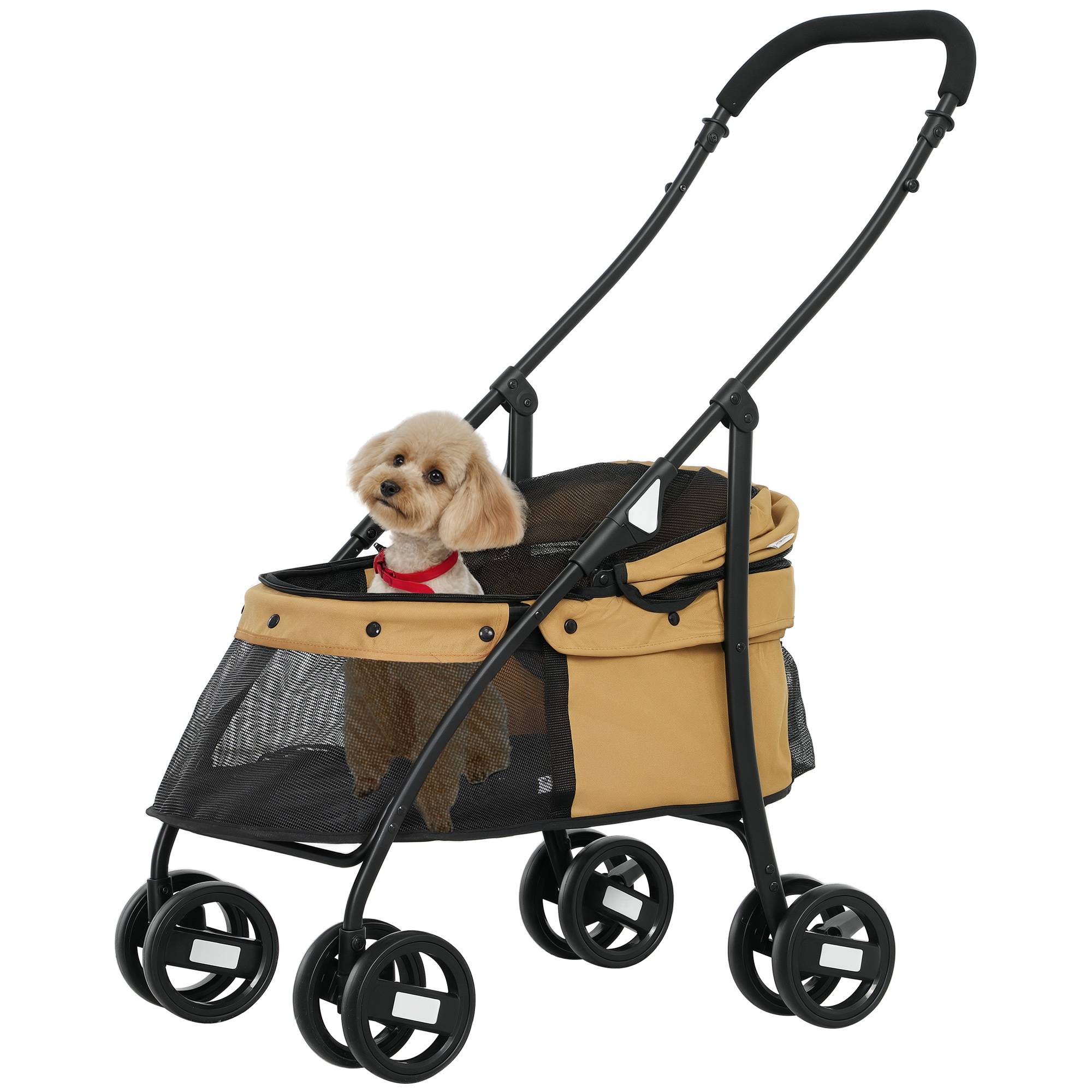 Poussette pliable pour petit chien avec fenêtres en filet, coussin lavable, sangles de sécurité et cadre en acier, couleur café - Image 1