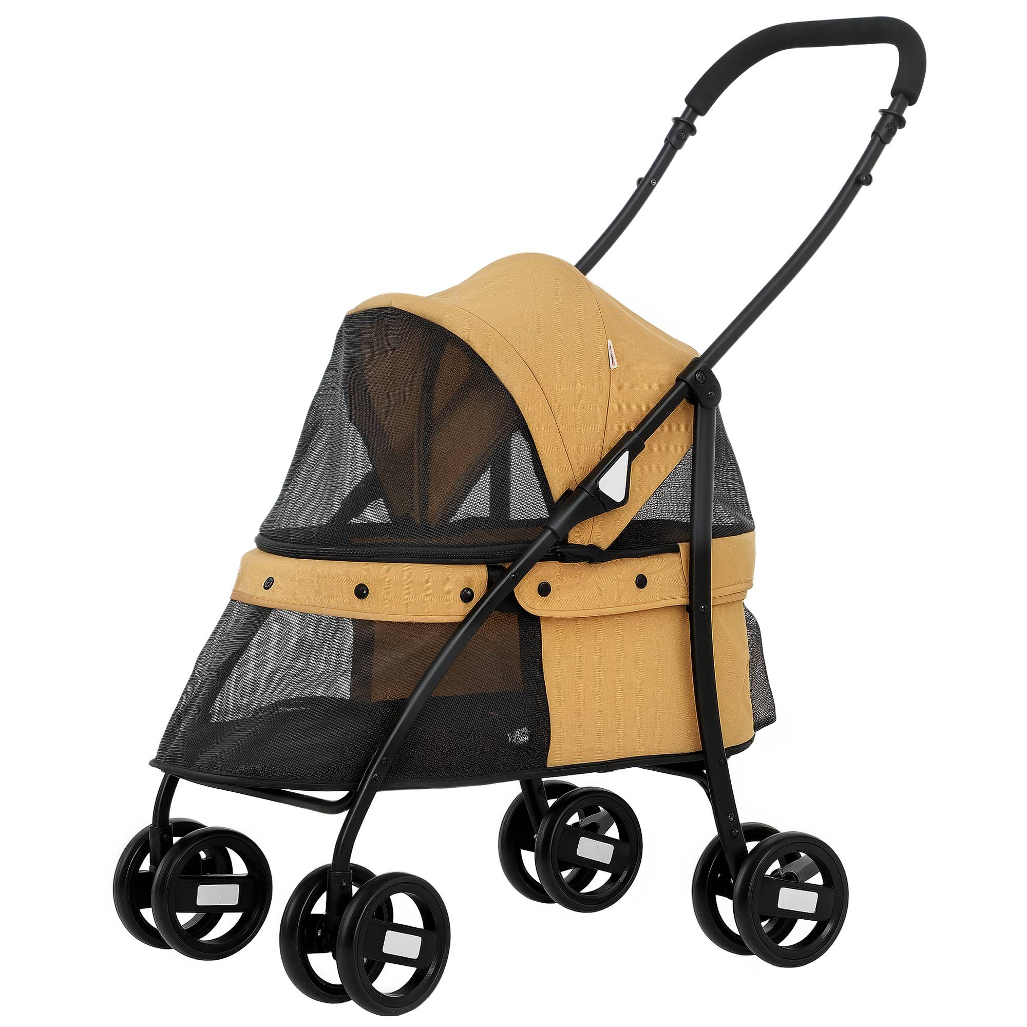 Poussette pliable pour petit chien avec fenêtres en filet, coussin lavable, sangles de sécurité et cadre en acier, couleur café - Image 2