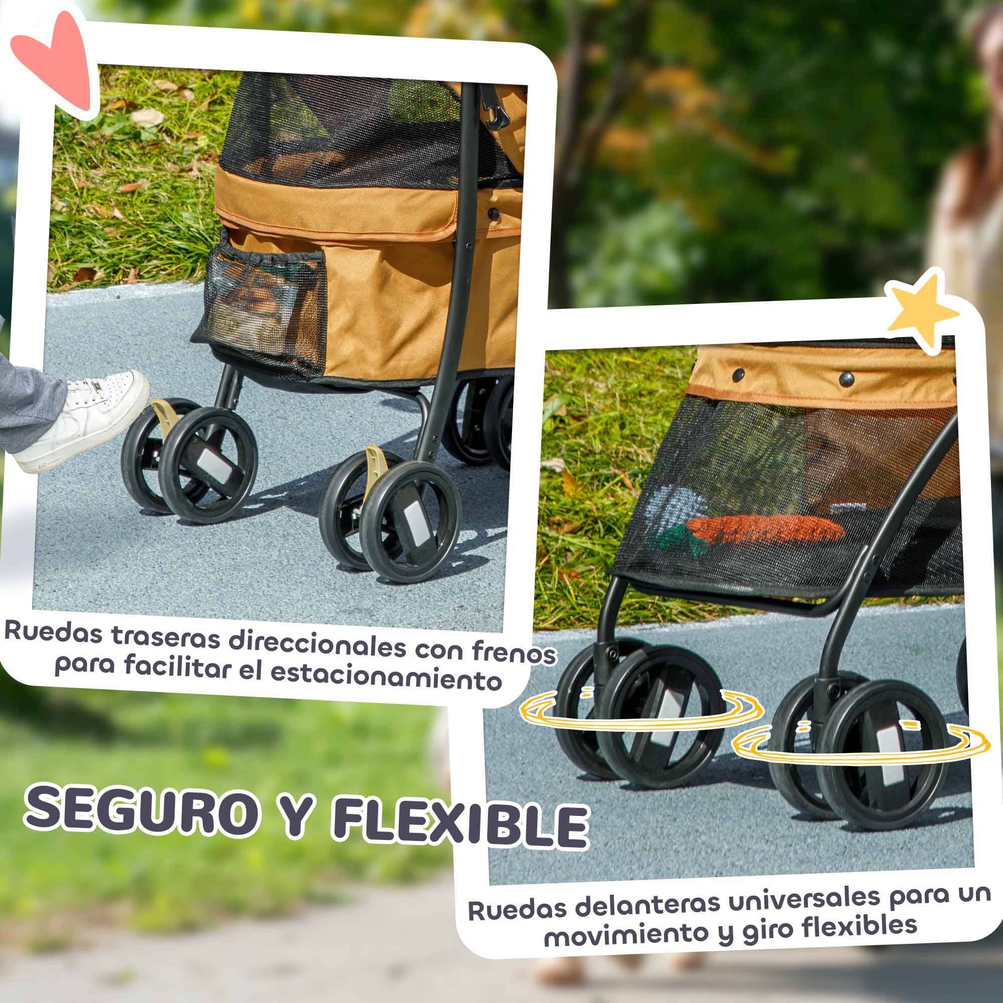 Poussette pliable pour petit chien avec fenêtres en filet, coussin lavable, sangles de sécurité et cadre en acier, couleur café - Image 7