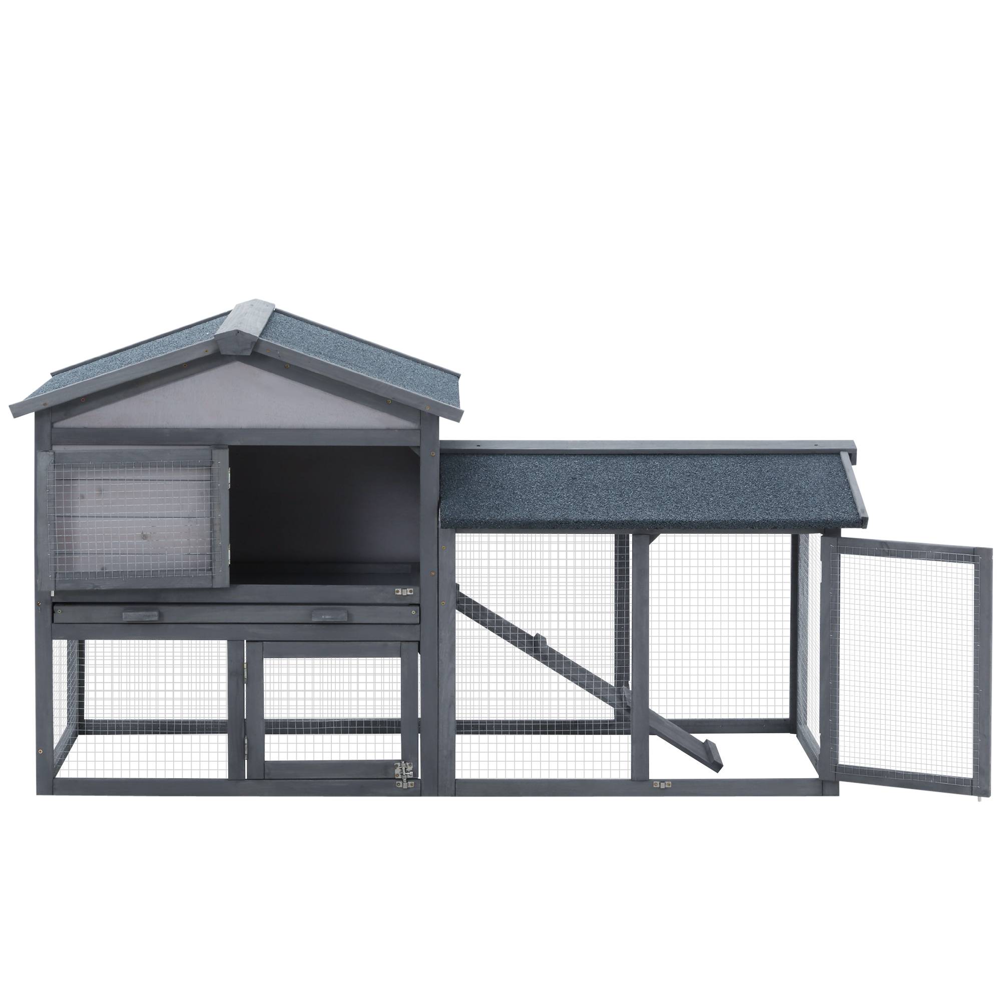 Clapier d'extérieur en bois avec bac amovible et rampe antidérapante, 147 x 54 x 84 cm, gris - Image 9