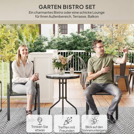Salon de jardin bistrot 3 pièces acier et verre terrasse chaises empilables noir - ComfortXL Outdoor Living - Image 4