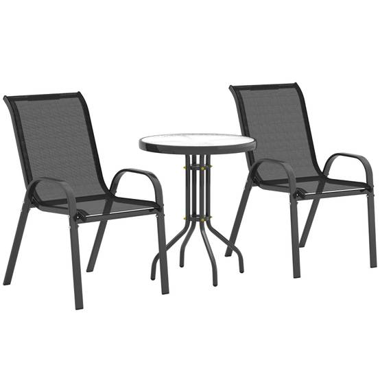 Salon de jardin bistrot 3 pièces acier et verre terrasse chaises empilables noir - ComfortXL Outdoor Living - Image 2