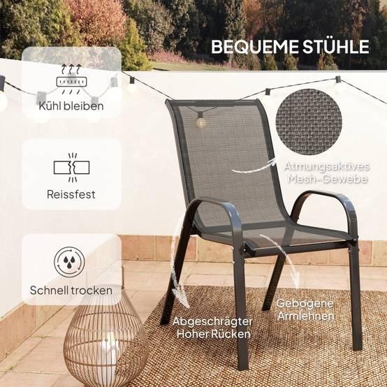 Salon de jardin bistrot 3 pièces acier et verre terrasse chaises empilables noir - ComfortXL Outdoor Living - Image 6