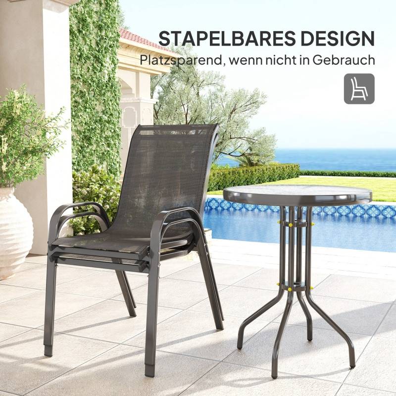 Salon de jardin bistrot 3 pièces acier et verre terrasse chaises empilables noir - ComfortXL Outdoor Living - Image 5