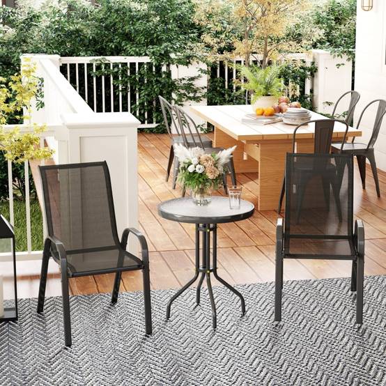 Salon de jardin bistrot 3 pièces acier et verre terrasse chaises empilables noir - ComfortXL Outdoor Living - Image 1