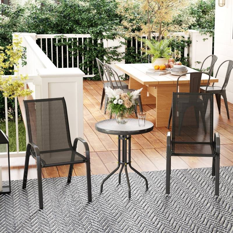 Salon de jardin bistrot 3 pièces acier et verre terrasse chaises empilables noir - ComfortXL Outdoor Living - Image 1