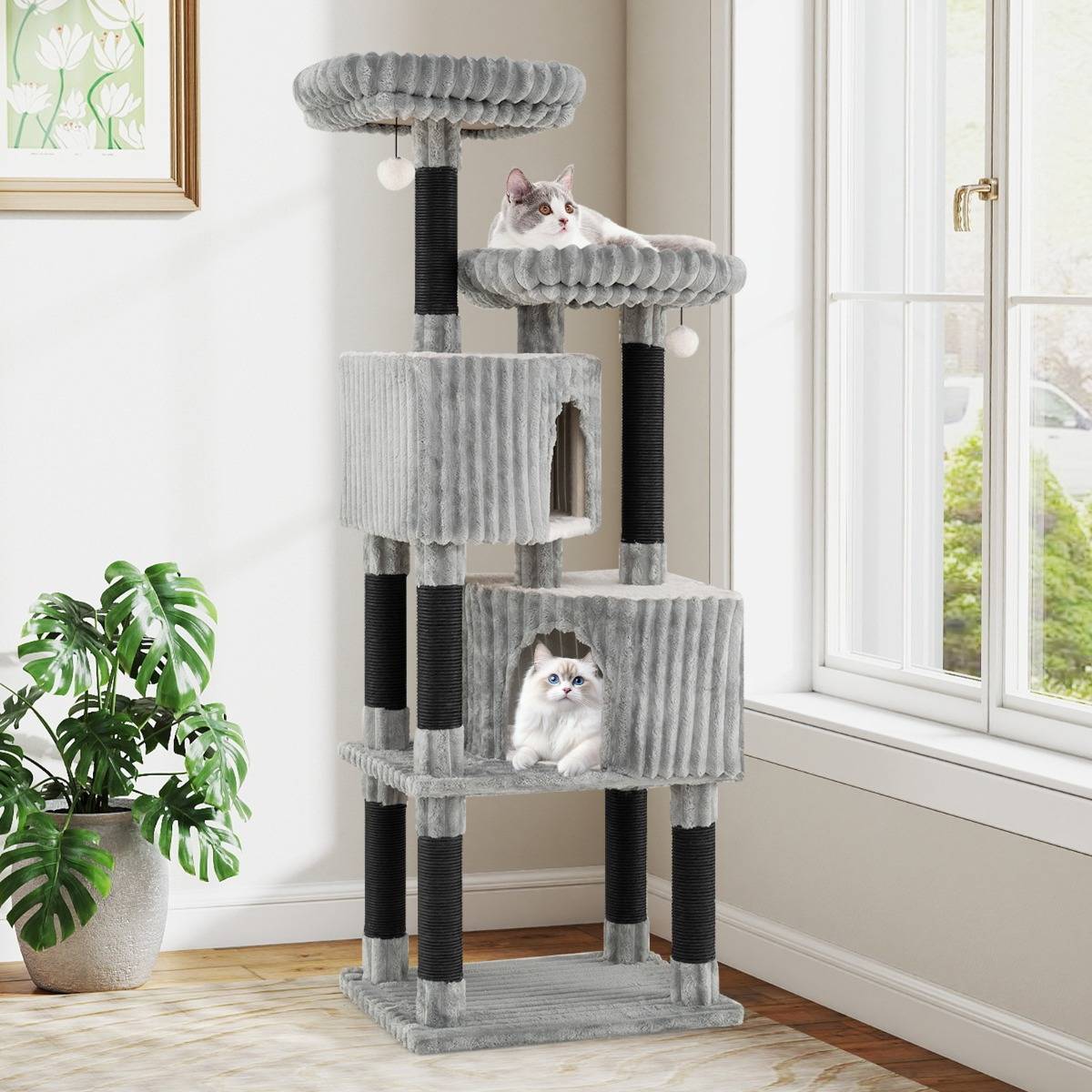 Maison Chic - Grand Arbre à Chat à Plusieurs Niveaux Tour pour Chat de 156cm 2 Lits Poteaux à Griffer Gris - Image 3