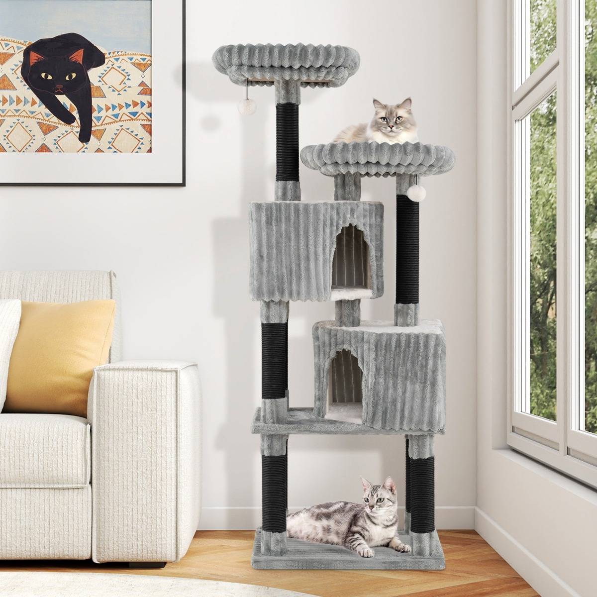 Maison Chic - Grand Arbre à Chat à Plusieurs Niveaux Tour pour Chat de 156cm 2 Lits Poteaux à Griffer Gris - Image 2