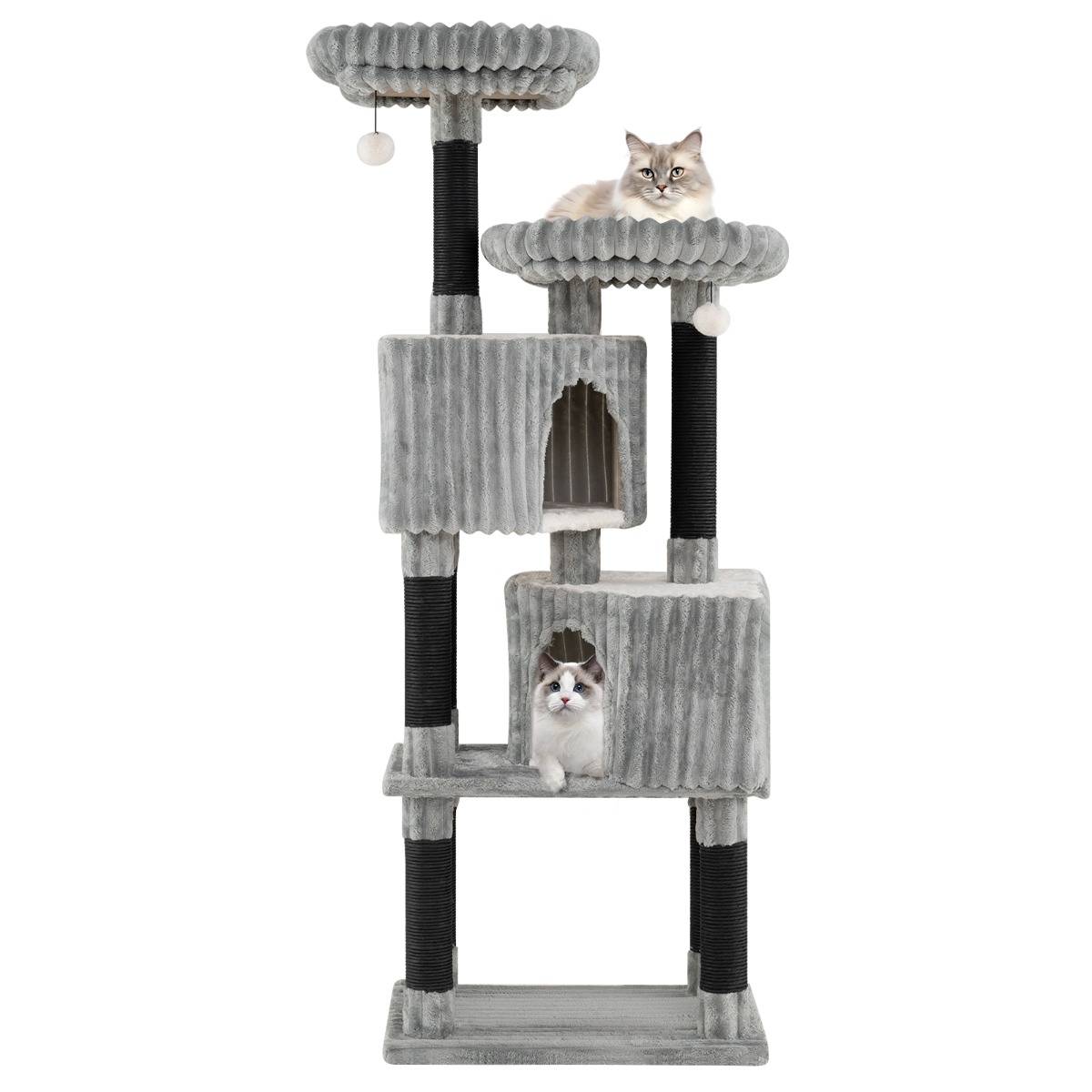 Maison Chic - Grand Arbre à Chat à Plusieurs Niveaux Tour pour Chat de 156cm 2 Lits Poteaux à Griffer Gris - Image 1