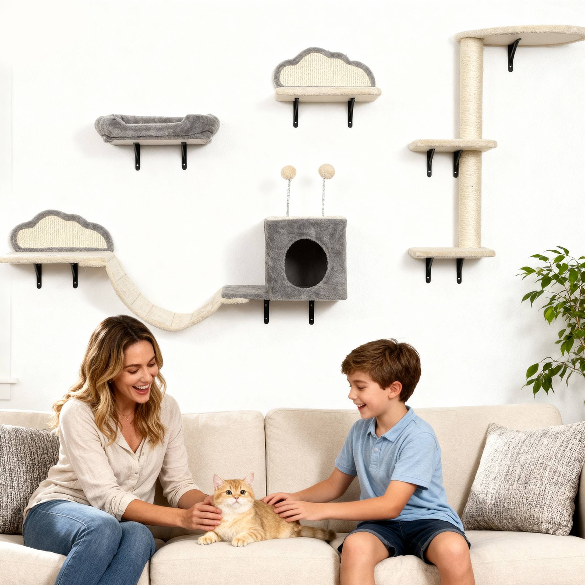 Sans Marque - Arbre à chat mural, surfaces à griffer en sisal, ensemble de 4 pièces, pour 1 à 3 chats, beige - Image 10