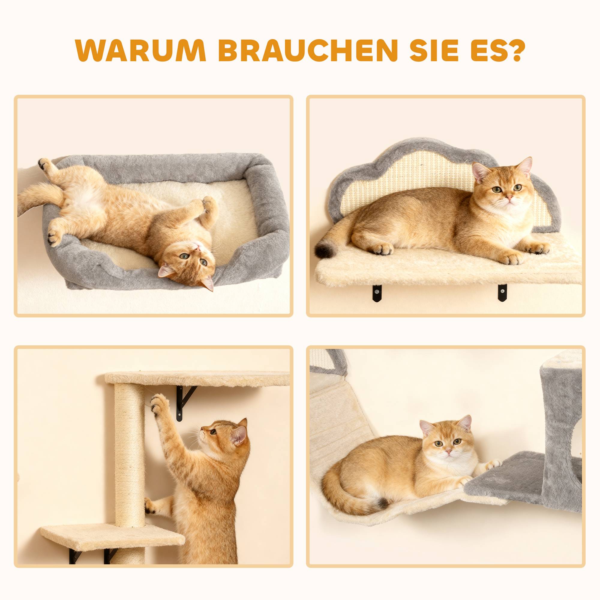 Sans Marque - Arbre à chat mural, surfaces à griffer en sisal, ensemble de 4 pièces, pour 1 à 3 chats, beige - Image 8