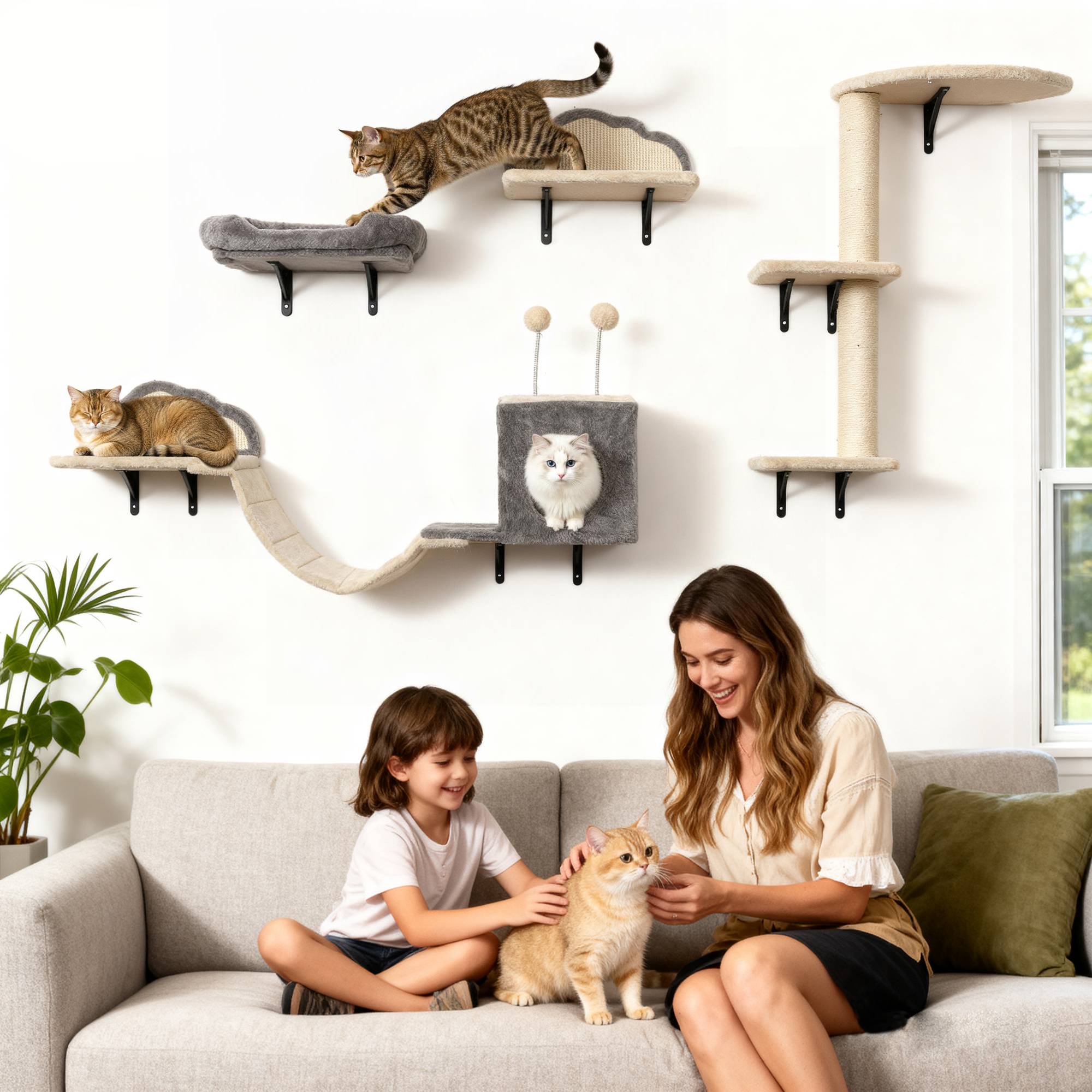 Sans Marque - Arbre à chat mural, surfaces à griffer en sisal, ensemble de 4 pièces, pour 1 à 3 chats, beige - Image 3