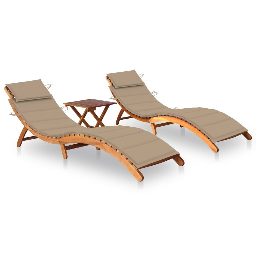 Helloshop26 - Lot de 2 transats chaise longue bain de soleil lit de jardin terrasse meuble d'extérieur avec table et coussins acacia solide - Imagen 1