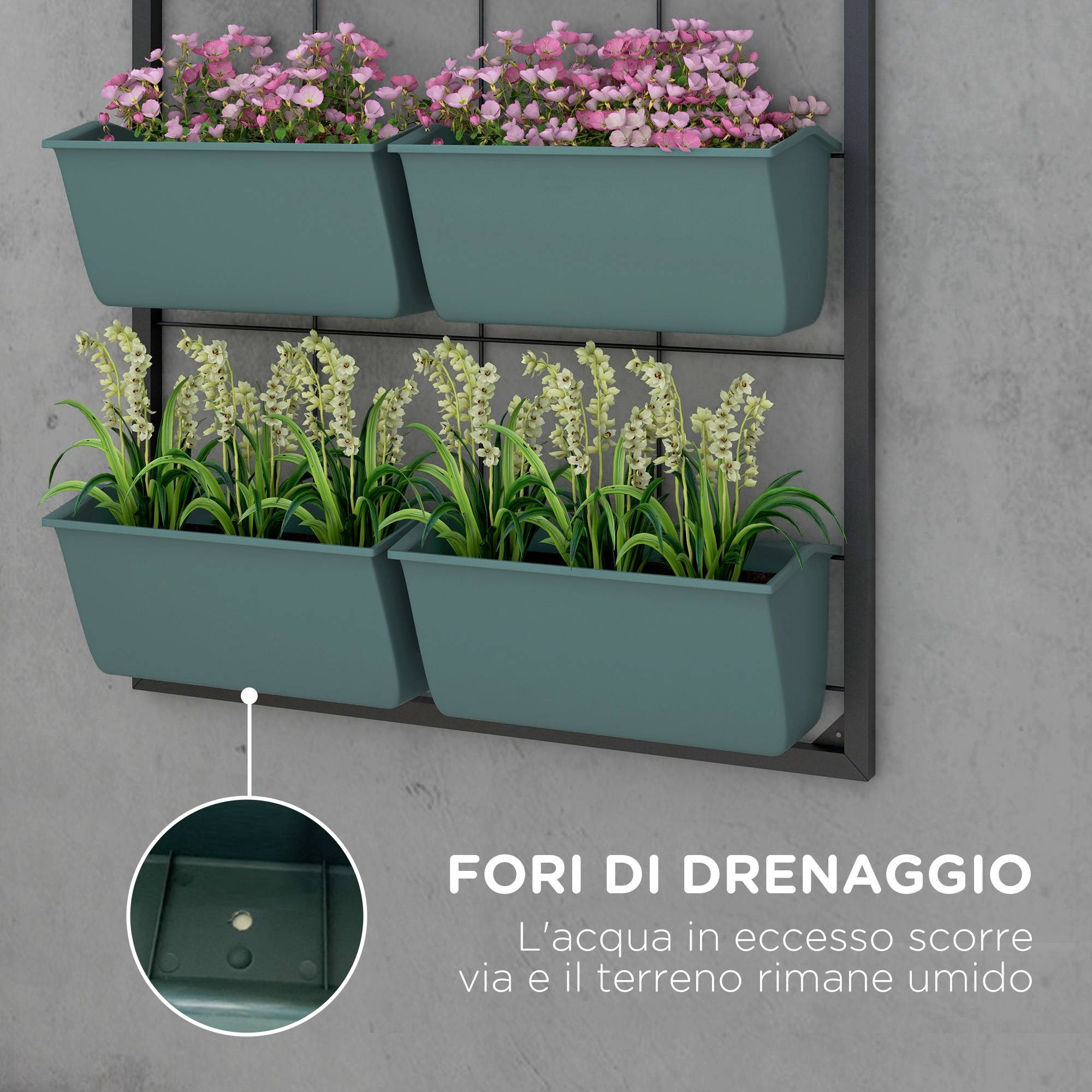 potager vertical mural 4 niveaux 8 pots acier plastique 52x14x90 jardin vertical vert noir - Image 8