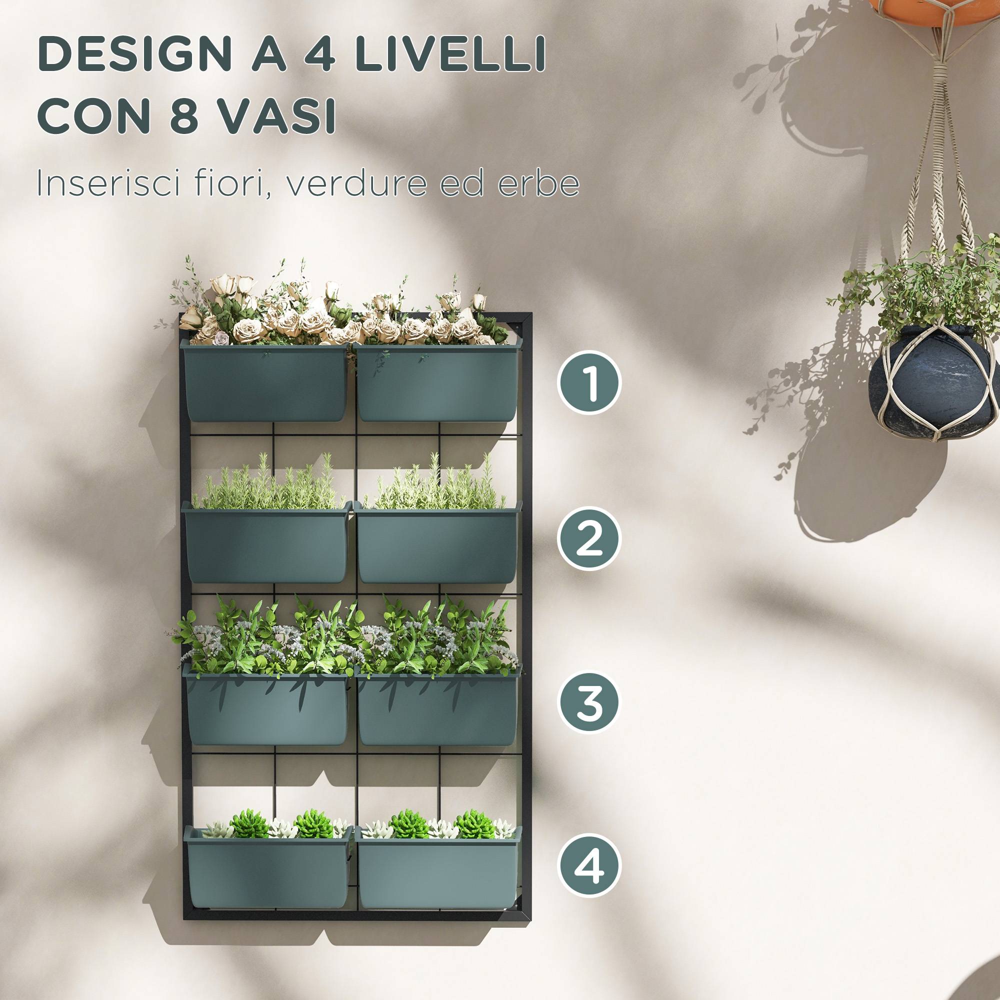 potager vertical mural 4 niveaux 8 pots acier plastique 52x14x90 jardin vertical vert noir - Image 7