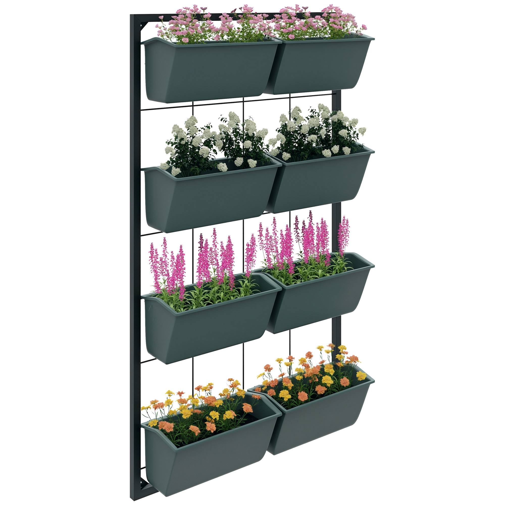 potager vertical mural 4 niveaux 8 pots acier plastique 52x14x90 jardin vertical vert noir - Image 1