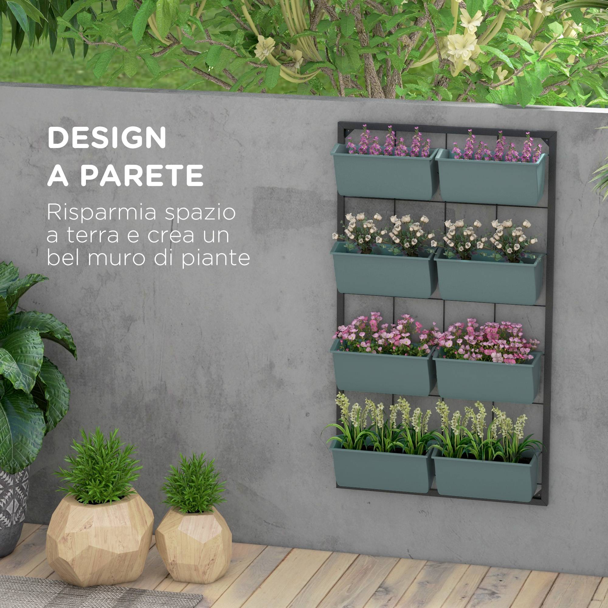 potager vertical mural 4 niveaux 8 pots acier plastique 52x14x90 jardin vertical vert noir - Image 6