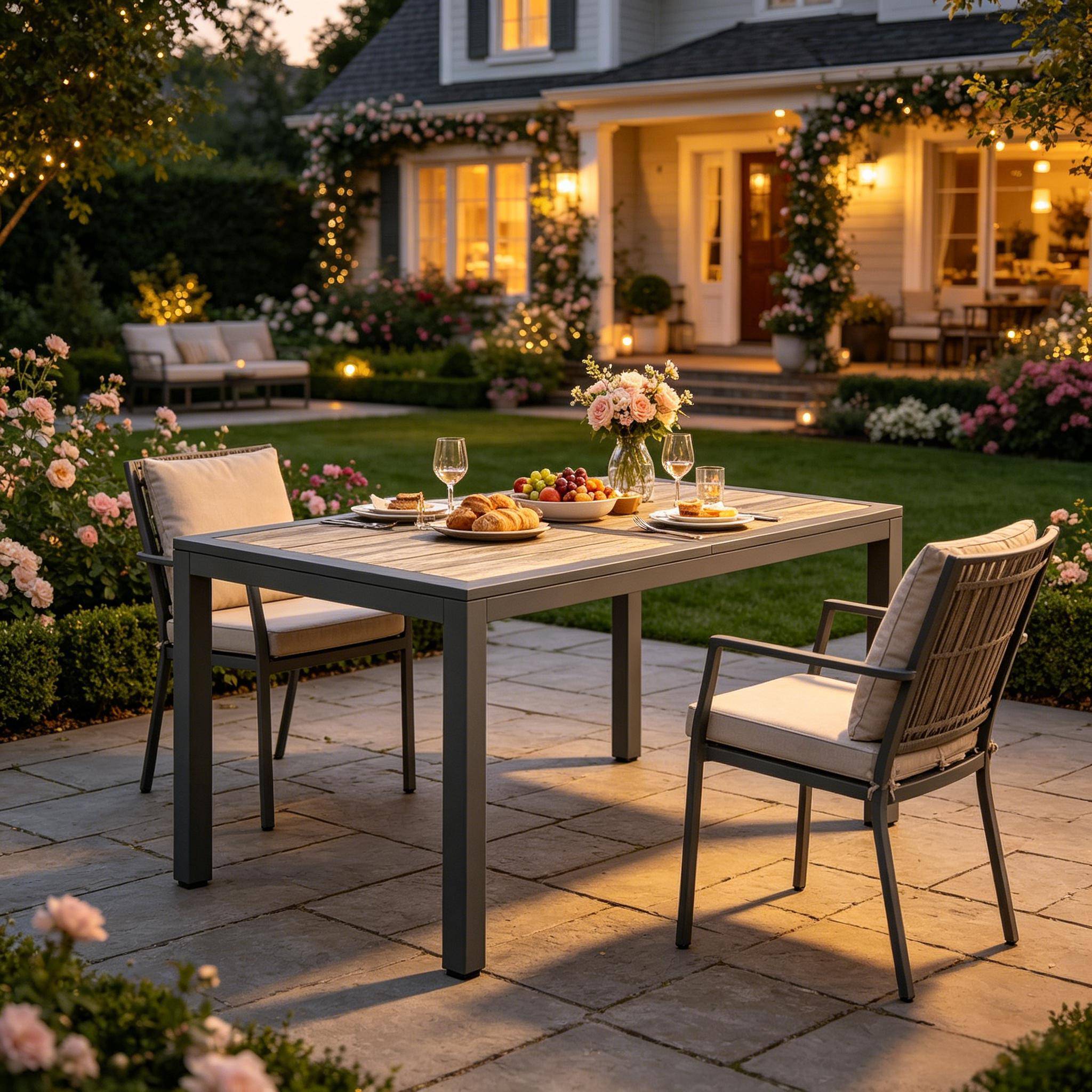 ComfortXL - Table de jardin acier galvanisé repas extérieur plateau effet bois 140 x 80 cm gris - ComfortXL Outdoor Living - Image 1