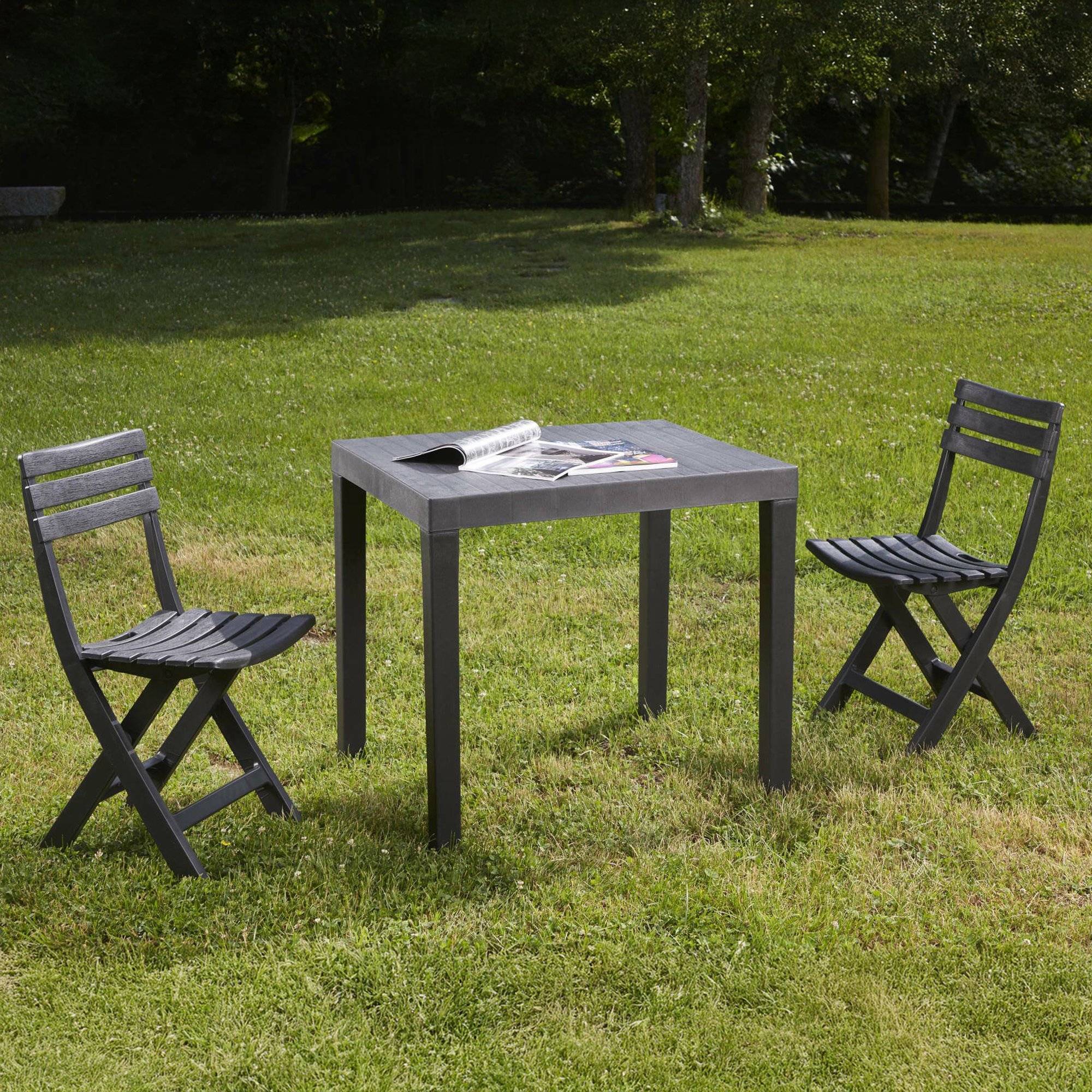 Dmora - Salon d'extérieur Ortisei, Composition de jardin avec 1 table rectangulaire et 2 chaises pliantes, Salon intérieur et extérieur, Anthracite - Dmora - Imagen 2