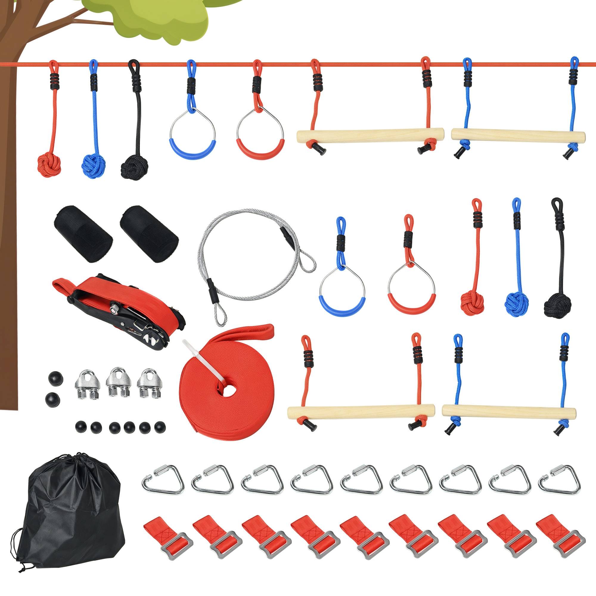 Parcours d'obstacles ninja pour enfants 30 accessoires et sac de transport 10 m de slackline bleu noir rouge - Image 1