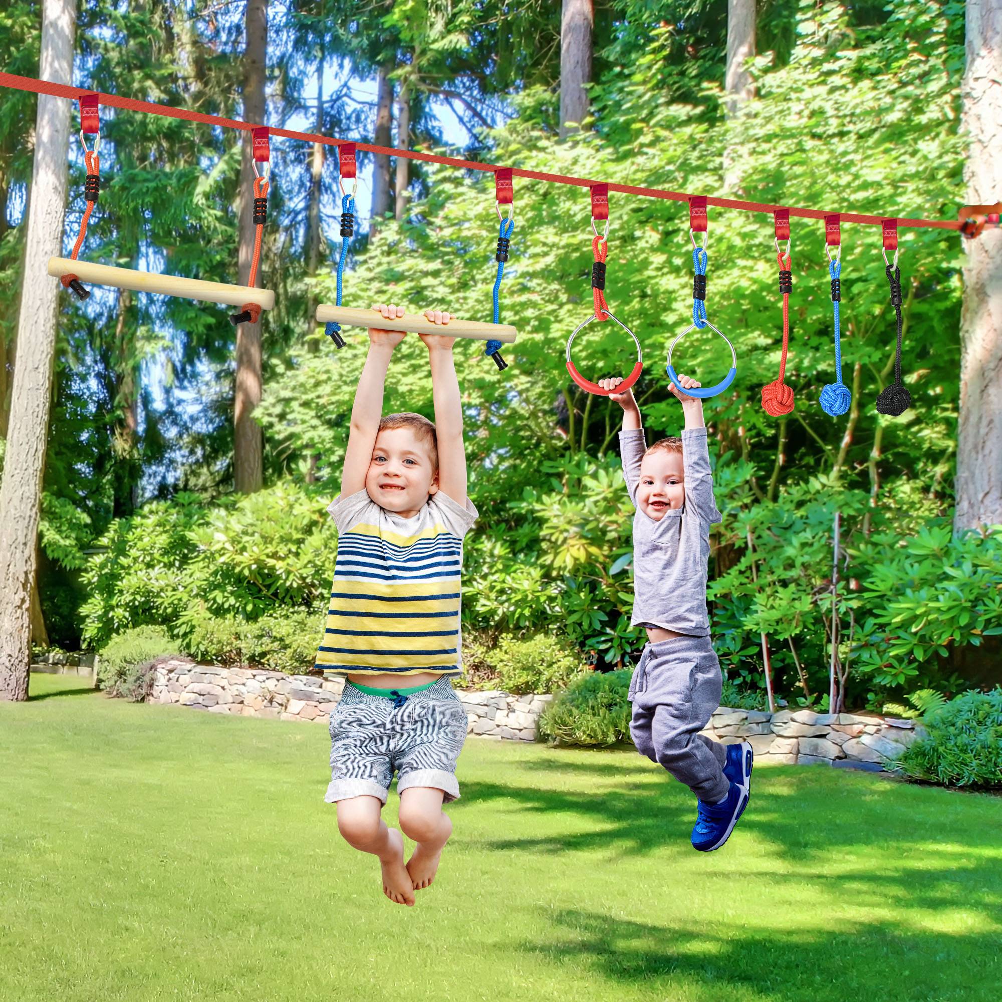 Parcours d'obstacles ninja pour enfants 30 accessoires et sac de transport 10 m de slackline bleu noir rouge - Image 3