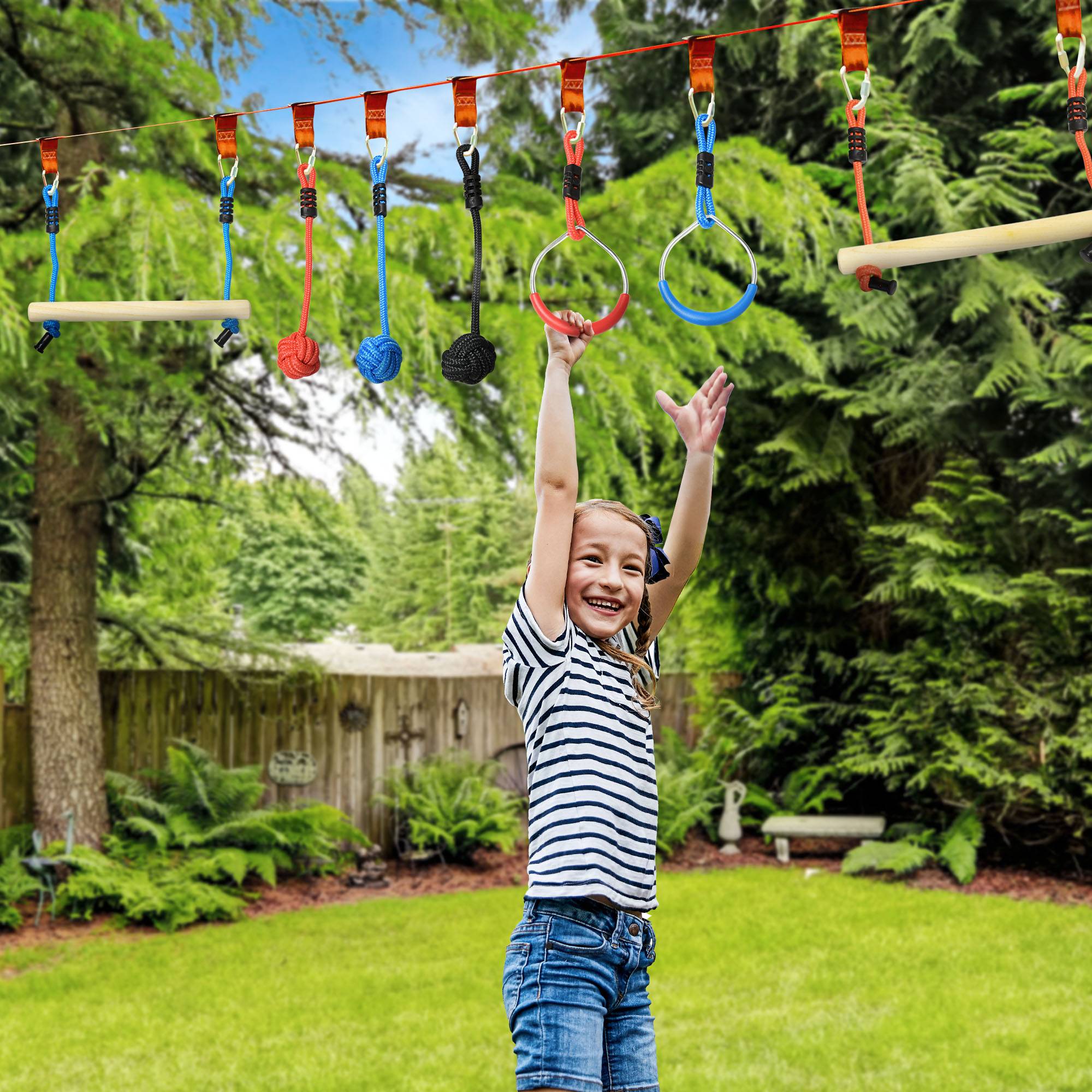 Parcours d'obstacles ninja pour enfants 30 accessoires et sac de transport 10 m de slackline bleu noir rouge - Image 4