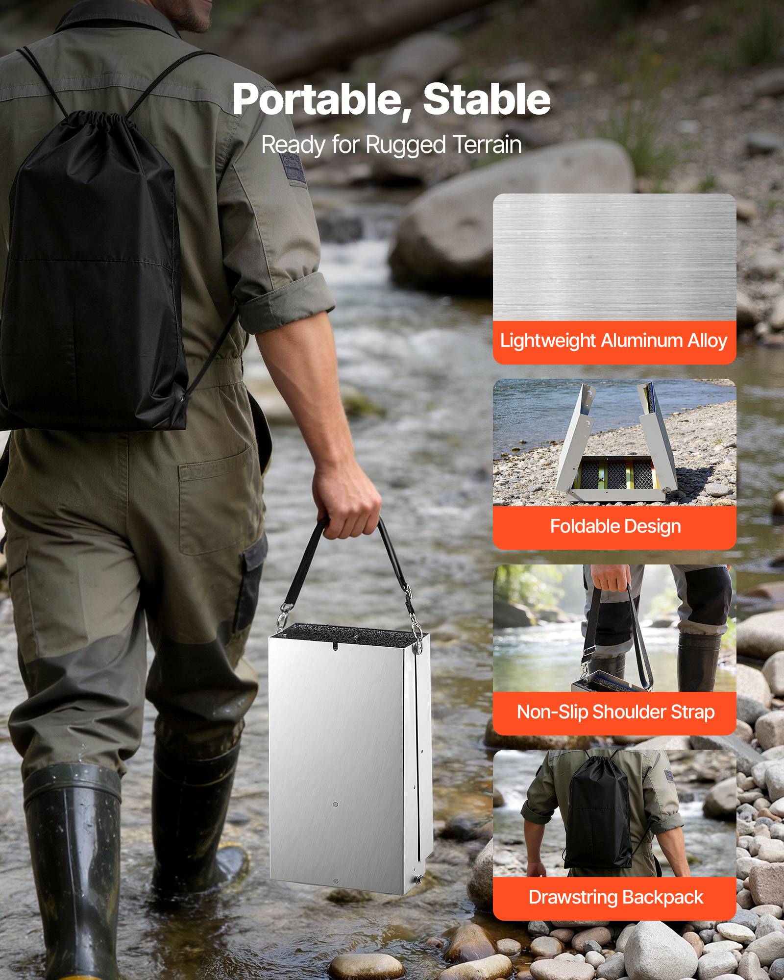 Vevor - VEVOR rampe d'orpaillage pliable 127 cm, sluice high banker 2 en 1 en alliage d'aluminium, kit portable avec sac à dos à cordon et gants. - Image 4