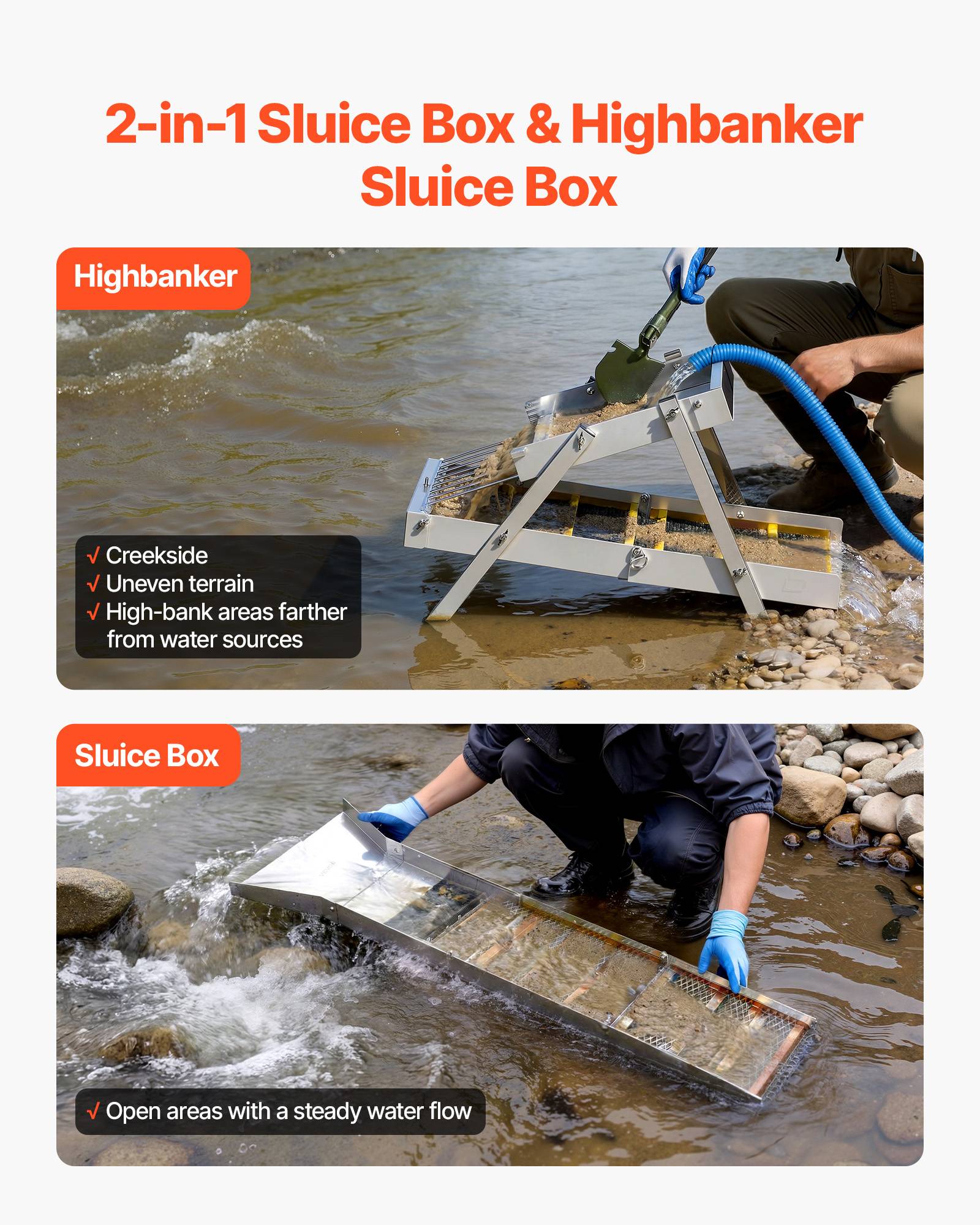 Vevor - VEVOR rampe d'orpaillage pliable 127 cm, sluice high banker 2 en 1 en alliage d'aluminium, kit portable avec sac à dos à cordon et gants. - Image 2