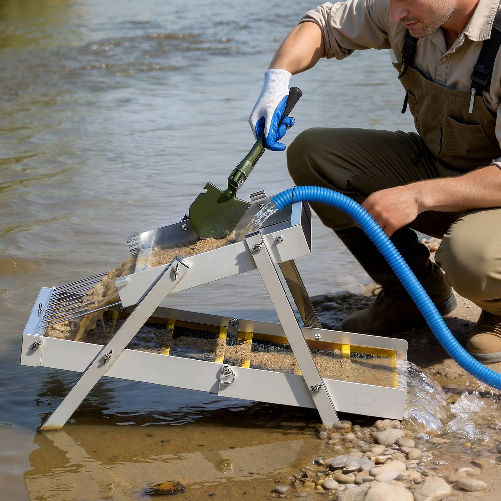 Vevor - VEVOR rampe d'orpaillage pliable 127 cm, sluice high banker 2 en 1 en alliage d'aluminium, kit portable avec sac à dos à cordon et gants. - Image 8