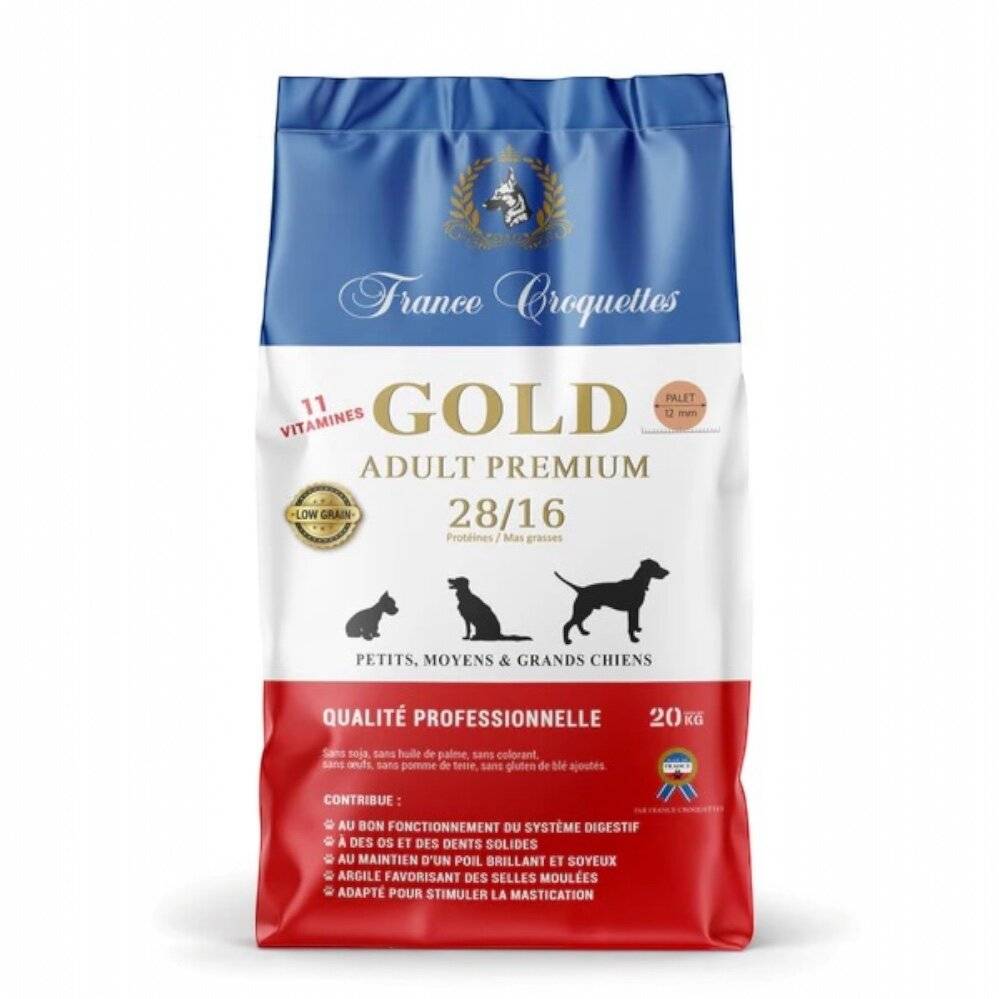 France Croquettes - france croquette pour chien adulte gold adult premium 28/16 low grain–20kg–adulte toute race/taille-haute finition-faible teneur en cereale-sans blé