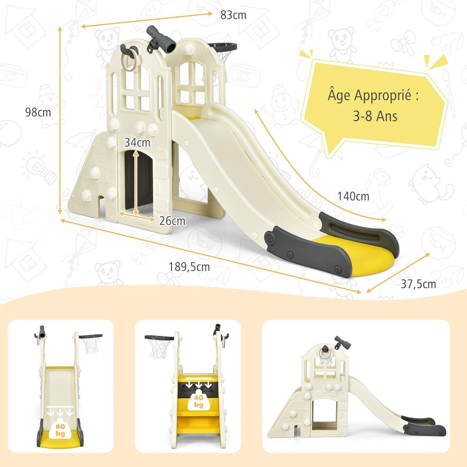 Toboggan 6 en 1 pour Enfant - Glisse de 140 CM,Aire de Jeux Extérieure 3-8 Ans, Jaune - Image 5