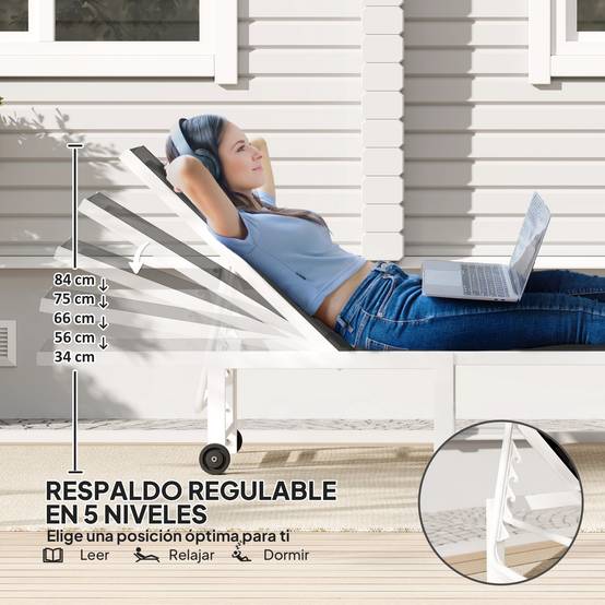 Sans Marque - Transat de jardin inclinable à roulettes, dossier réglable 5 positions et structure en acier, 166 x 60 x 84 cm, gris - Image 5