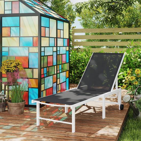 Sans Marque - Transat de jardin inclinable à roulettes, dossier réglable 5 positions et structure en acier, 166 x 60 x 84 cm, gris - Image 3