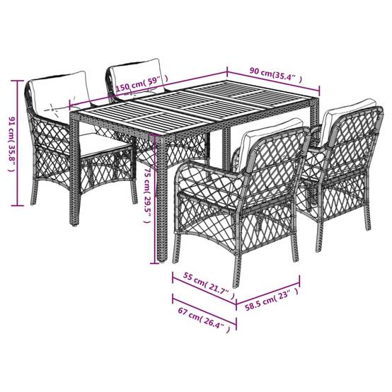 Ensemble Table et Chaises de Jardin 4 Personnes, Table Bois 150cm et Fauteuils en Résine Tressée Noire – ComfortXL Outdoor Living - Image 7