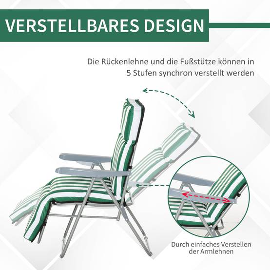 Sans Marque - Chaises longues de jardin, lot de 2, pliables avec coussins, 60 x 75 x 102 cm, acier, vert et blanc - Image 5