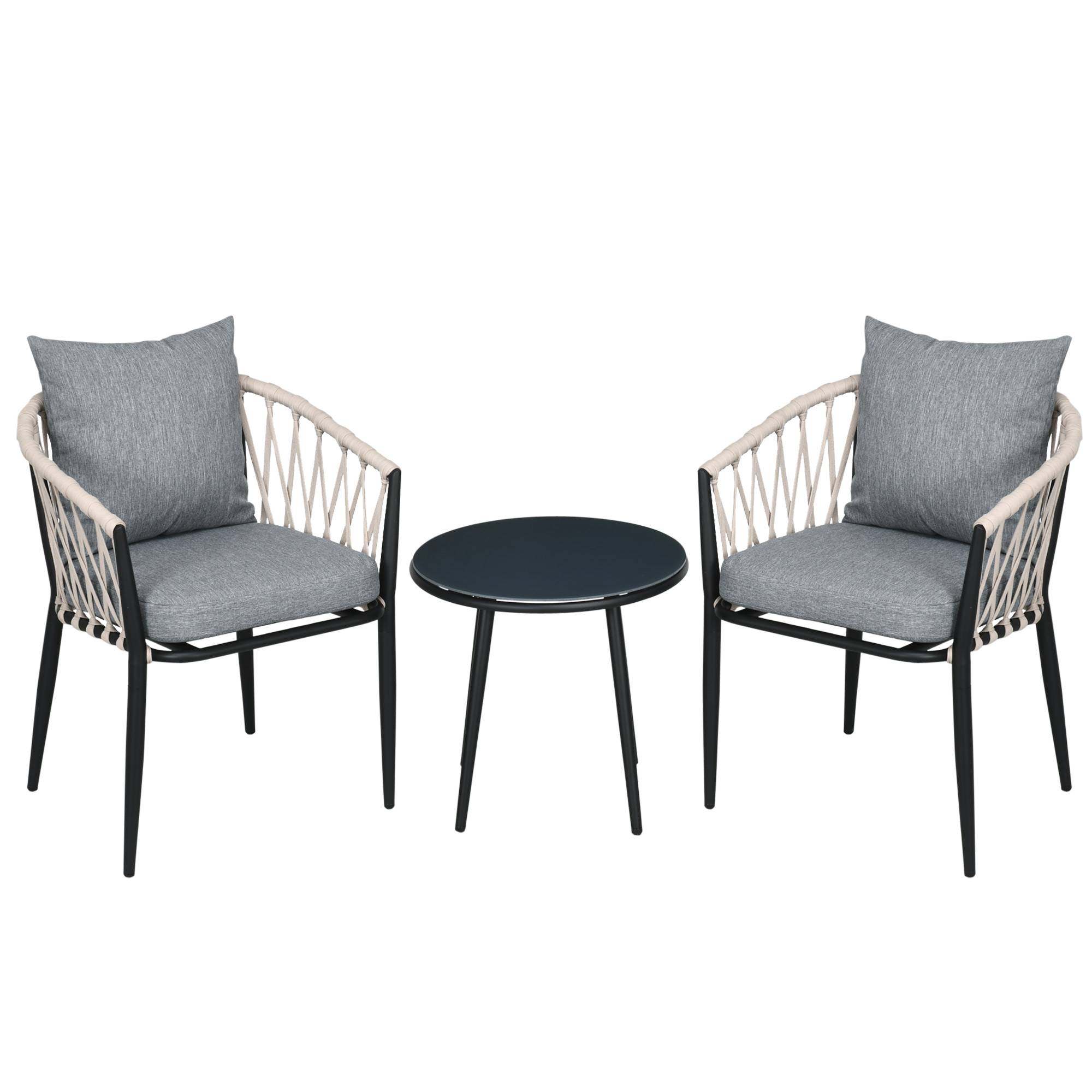 Outsunny - Salon de jardin 2 personnes 3 pièces 2 fauteuils avec coussins table basse ronde plateau verre trempé corde tressée métal gris - Outsunny - Imagen 1