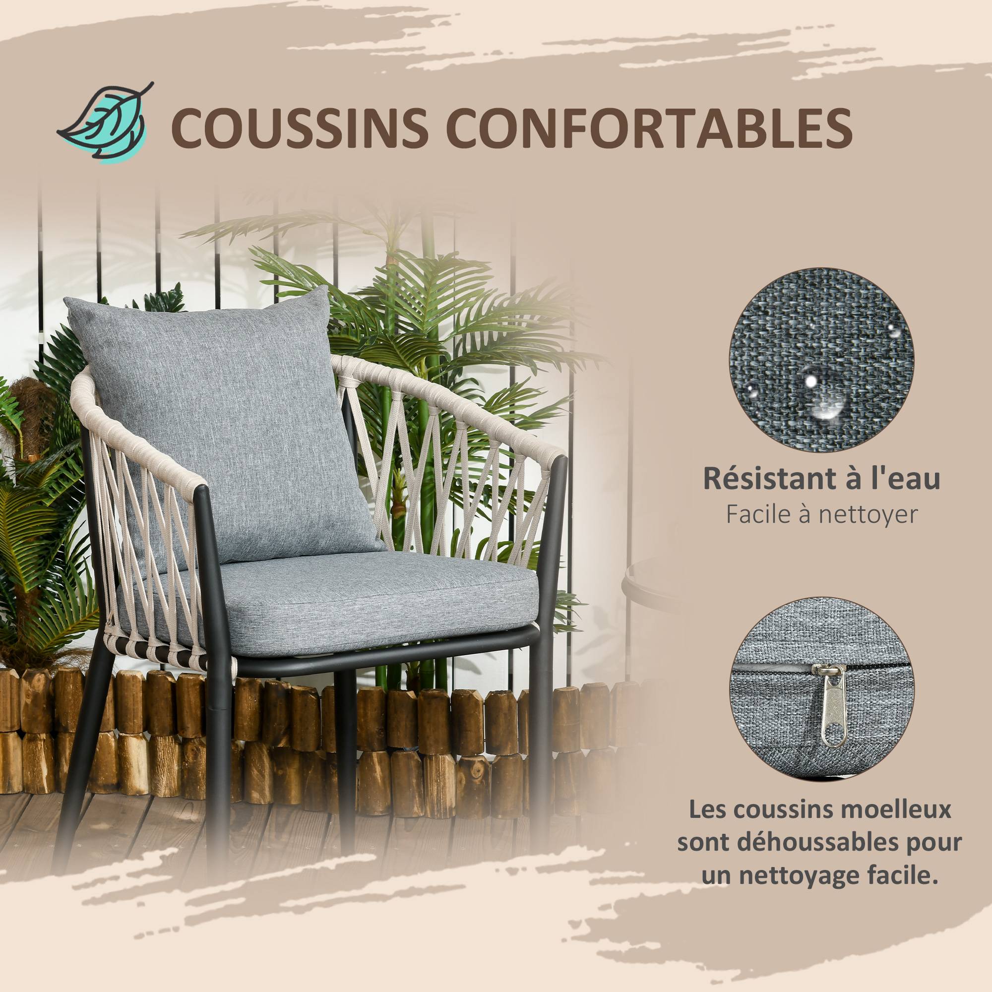 Outsunny - Salon de jardin 2 personnes 3 pièces 2 fauteuils avec coussins table basse ronde plateau verre trempé corde tressée métal gris - Outsunny - Imagen 7