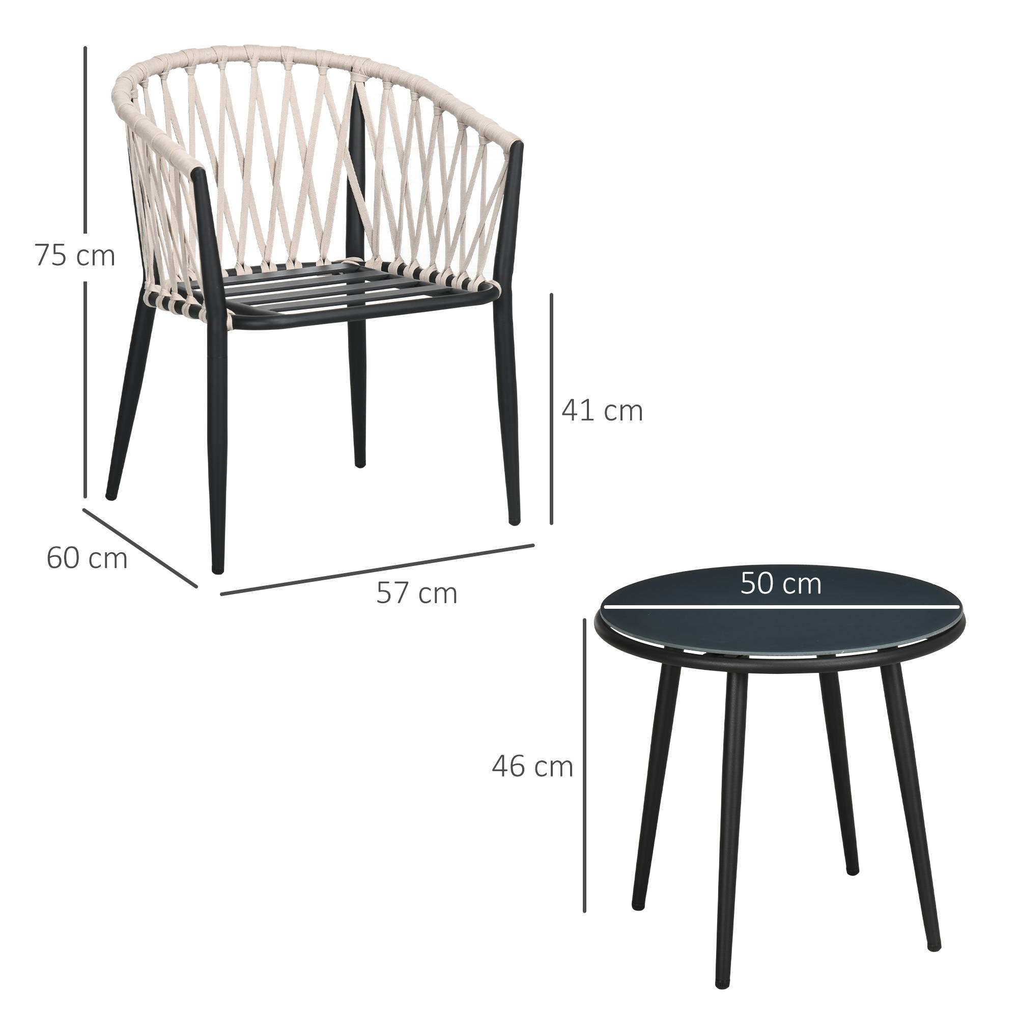 Outsunny - Salon de jardin 2 personnes 3 pièces 2 fauteuils avec coussins table basse ronde plateau verre trempé corde tressée métal gris - Outsunny - Imagen 3