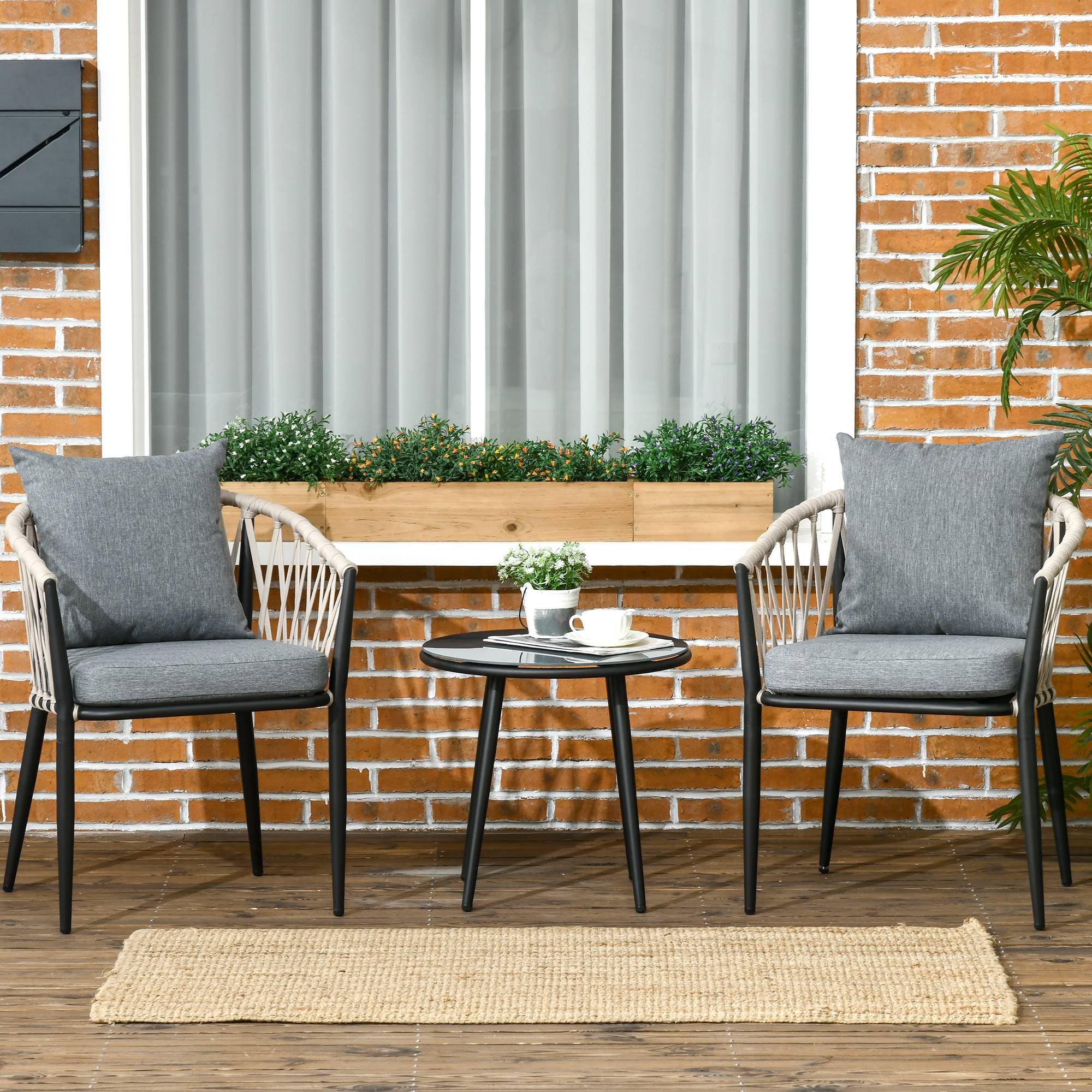 Outsunny - Salon de jardin 2 personnes 3 pièces 2 fauteuils avec coussins table basse ronde plateau verre trempé corde tressée métal gris - Outsunny - Imagen 2