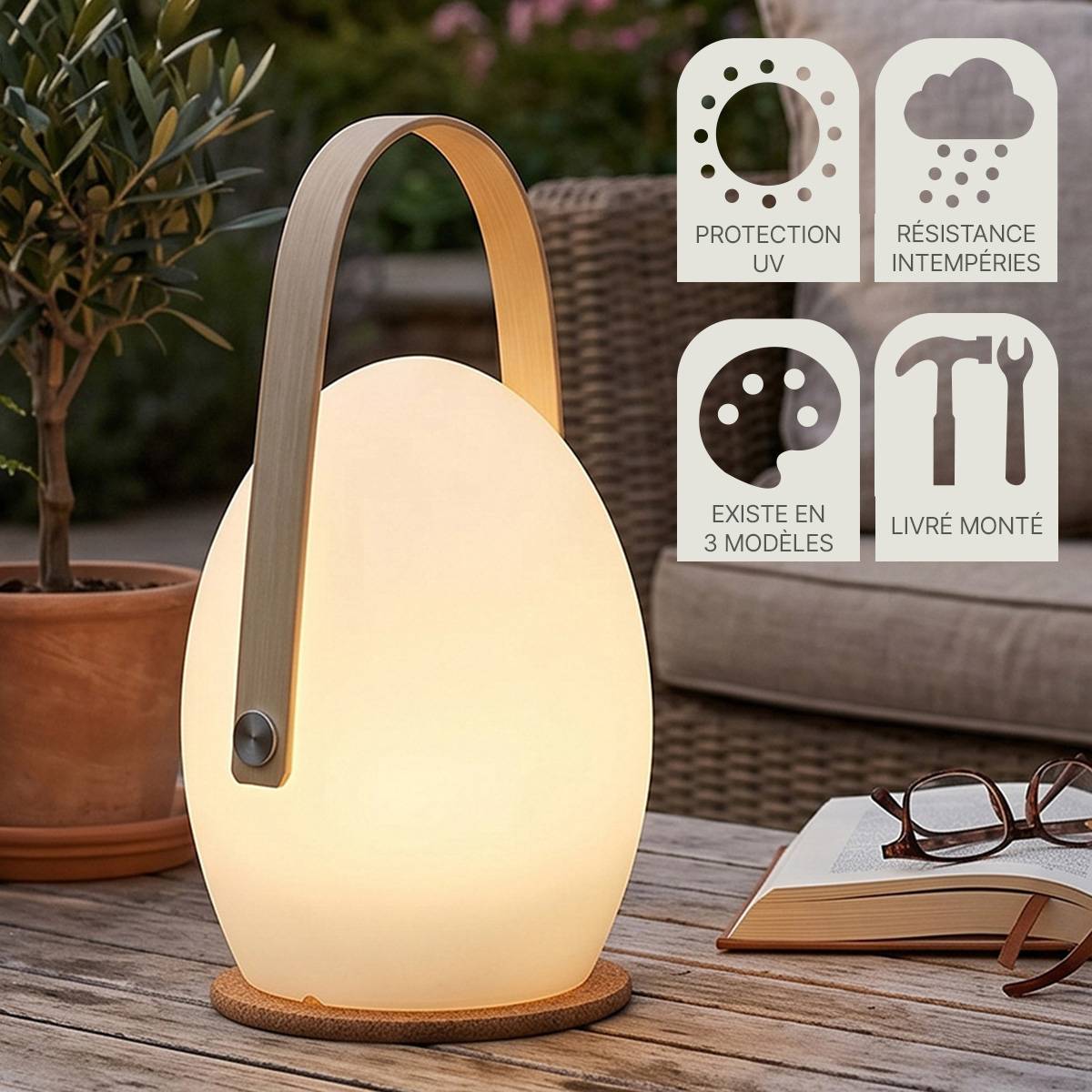 Wilsa Garden - Lampe LED extérieure sans fil ovale multicolore avec anse bambou FARO - Imagen 8